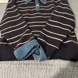 Olivaceous Navy and Beige Striped Crewneck Sweater